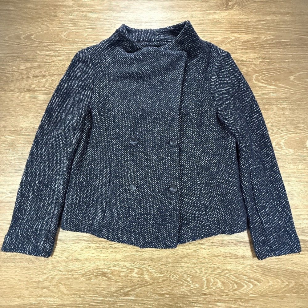 LOFT Womens L Textured Double Breasted Jacket Navy Blue Funnel Neck Career NWT - Picture 2 of 10